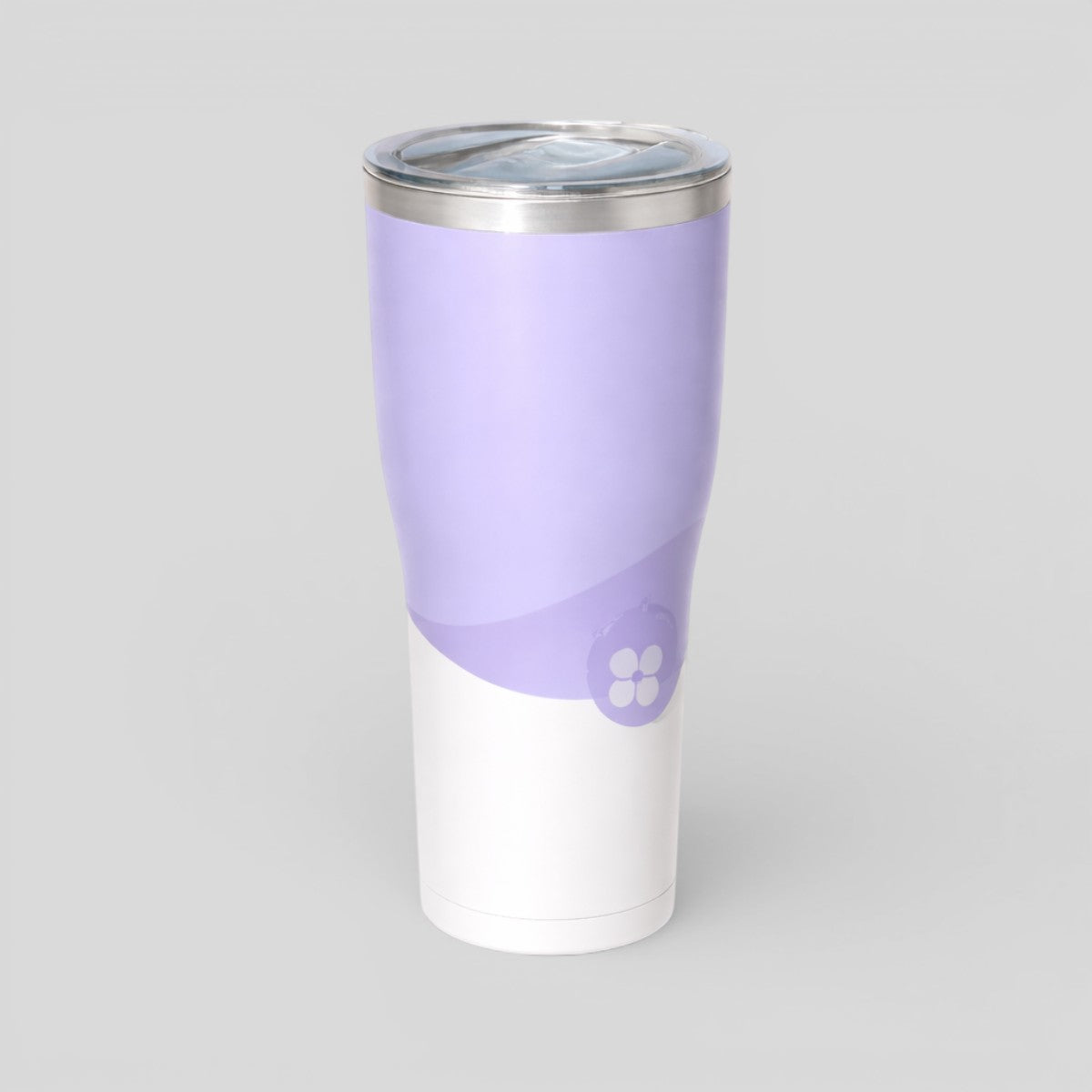 Stockka tall thermal tumbler with clear lid, double-walled stainless steel, two-tone purple and white design with floral logo.