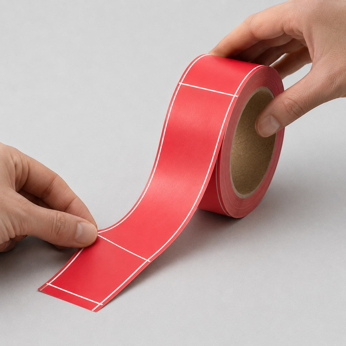Stockka red rectangular custom stickers on a roll with white border lines, ideal for product labeling and packaging.