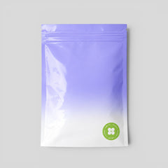 Stockka flat resealable plastic pouch with purple to white gradient and green clover logo. Ideal for food, cosmetics, and retail.