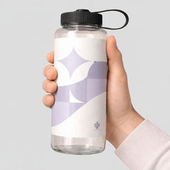 Stockka reusable Tritan water bottle with black screw-on lid and carrying strap, clear with purple abstract design.