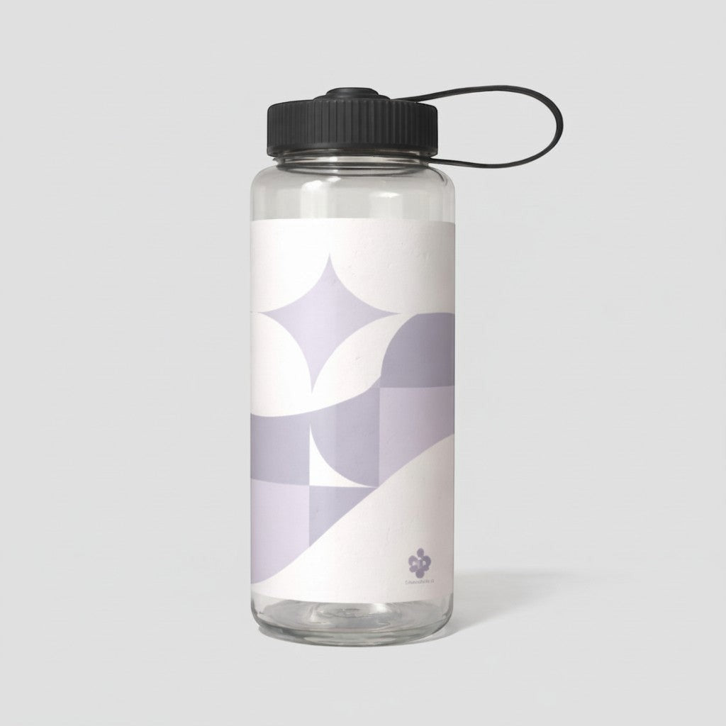 Stockka reusable Tritan water bottle with black screw-top lid and carrying strap. Clear bottle with white and purple geometric pattern.