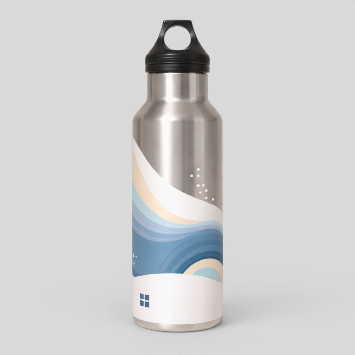 Stockka silver aluminum sports water bottle with black lid and wavy blue, cream, and white design. Features a convenient carrying handle.
