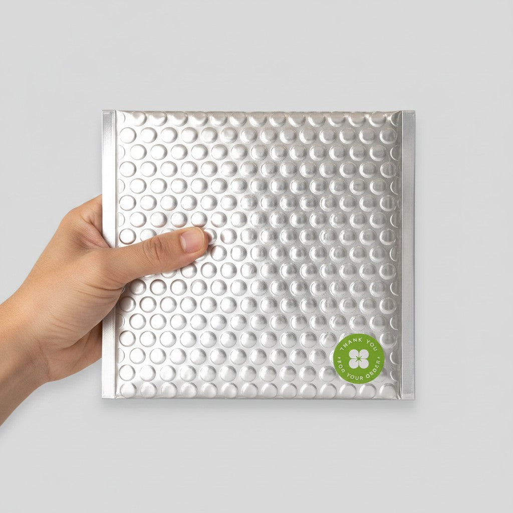 Stockka silver padded bubble mailer, 4.5x7.0 cm, with strong adhesive strip and "Thank You For Your Order" sticker.
