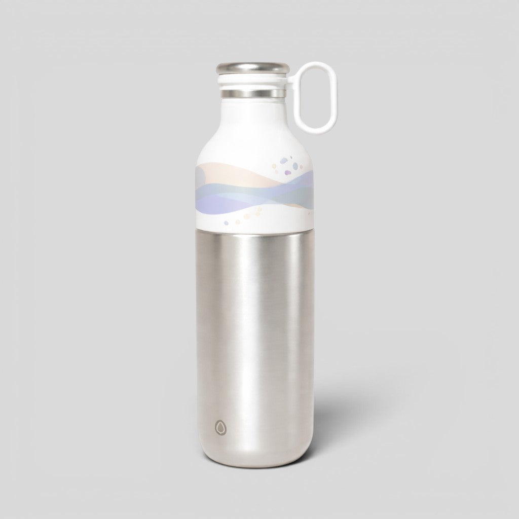 Stockka silver metal water bottle with white top, side handle, and abstract wave design. Ideal for sports and daily use.