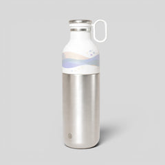 Stockka silver metal water bottle with white top, side handle, and abstract wave design. Ideal for sports and daily use.