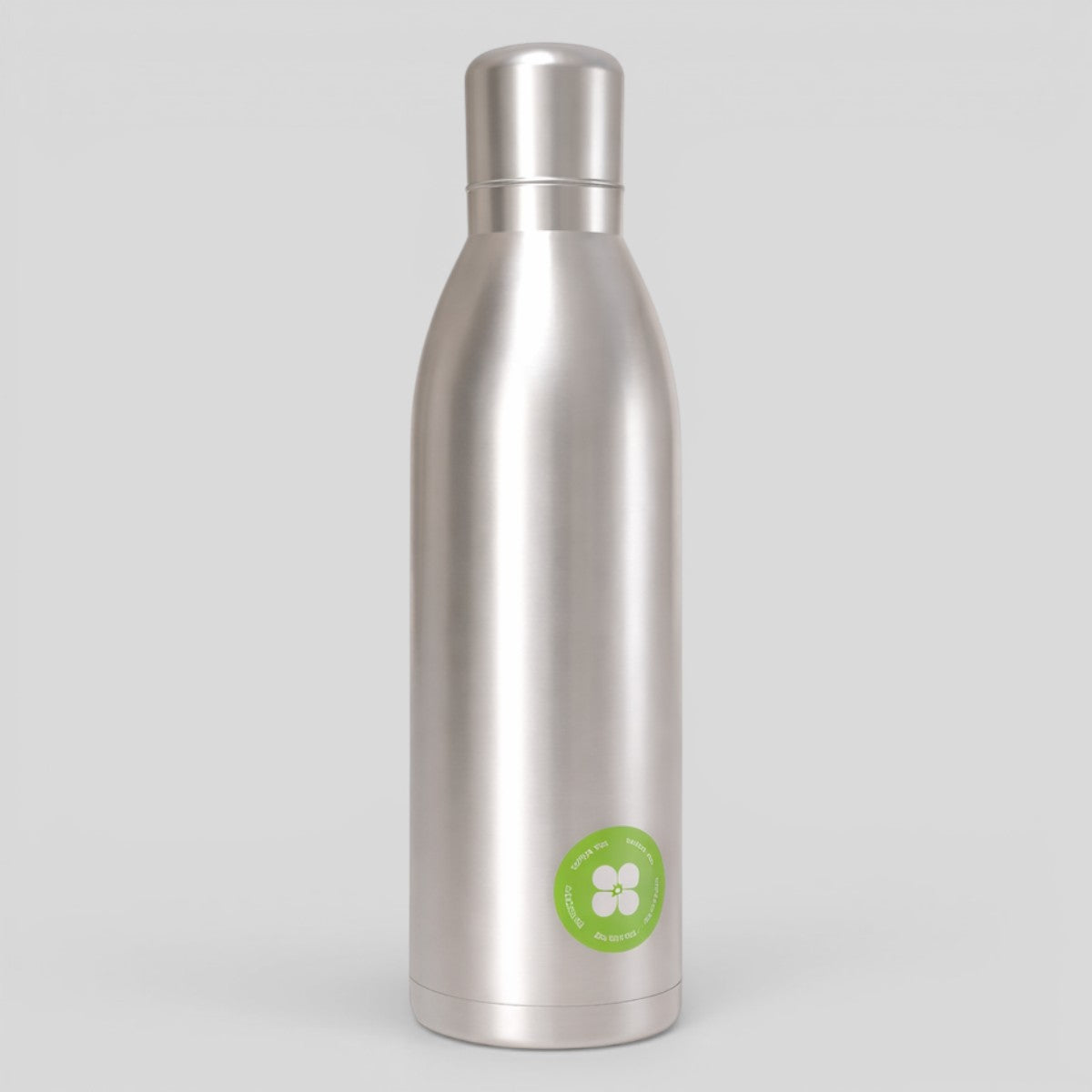 Stockka silver stainless steel water bottle with a secure lid and a green clover logo sticker on the side.