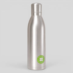 Stockka silver stainless steel water bottle with a secure lid and a green clover logo sticker on the side.