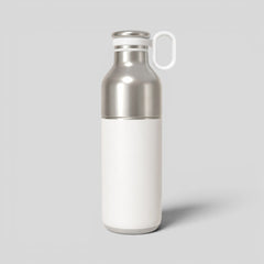 Stockka silver stainless steel and white plastic water bottle with side handle, ideal for sports or work.