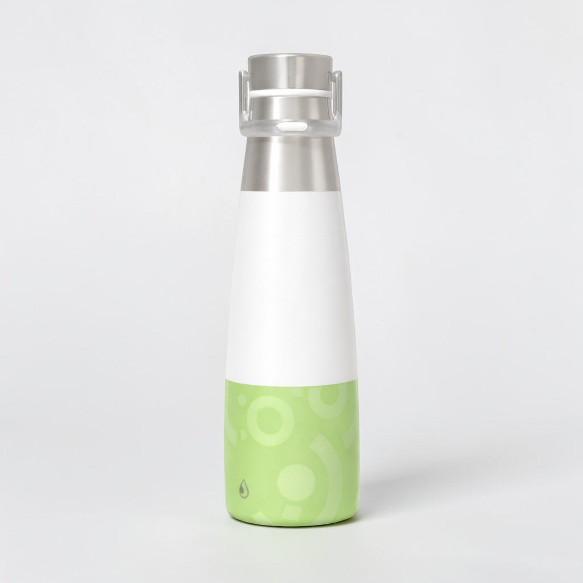 Stockka slim stainless steel water bottle with white body and green patterned base, silver screw-top lid.