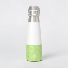 Stockka slim stainless steel water bottle with white body and green patterned base, silver screw-top lid.