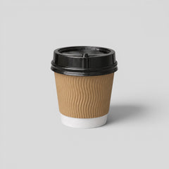 Stockka small white paper espresso cup with corrugated brown sleeve and black plastic lid