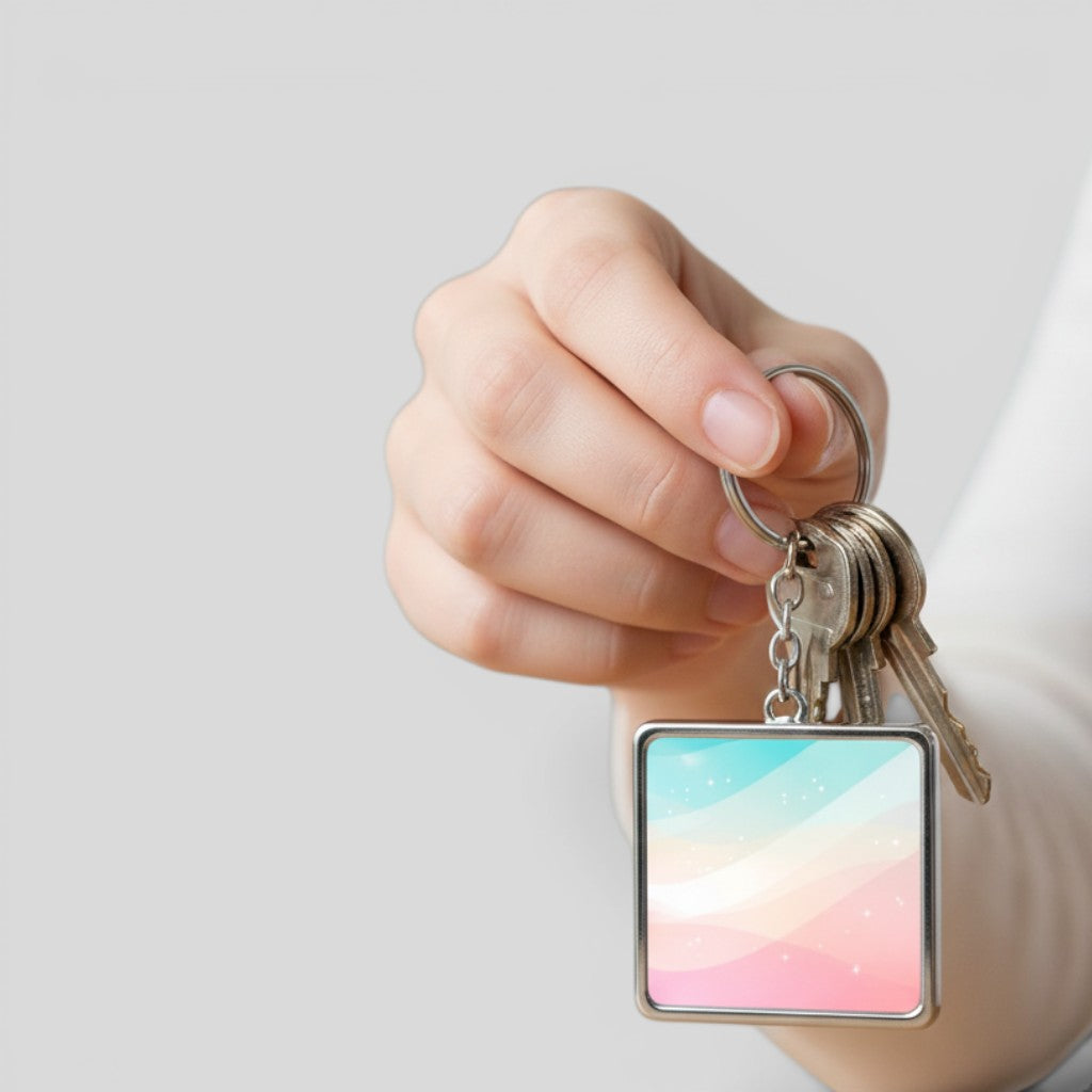 Stockka square acrylic keychain with a pastel rainbow wave design and silver metal chain. Perfect for custom logos or photos.