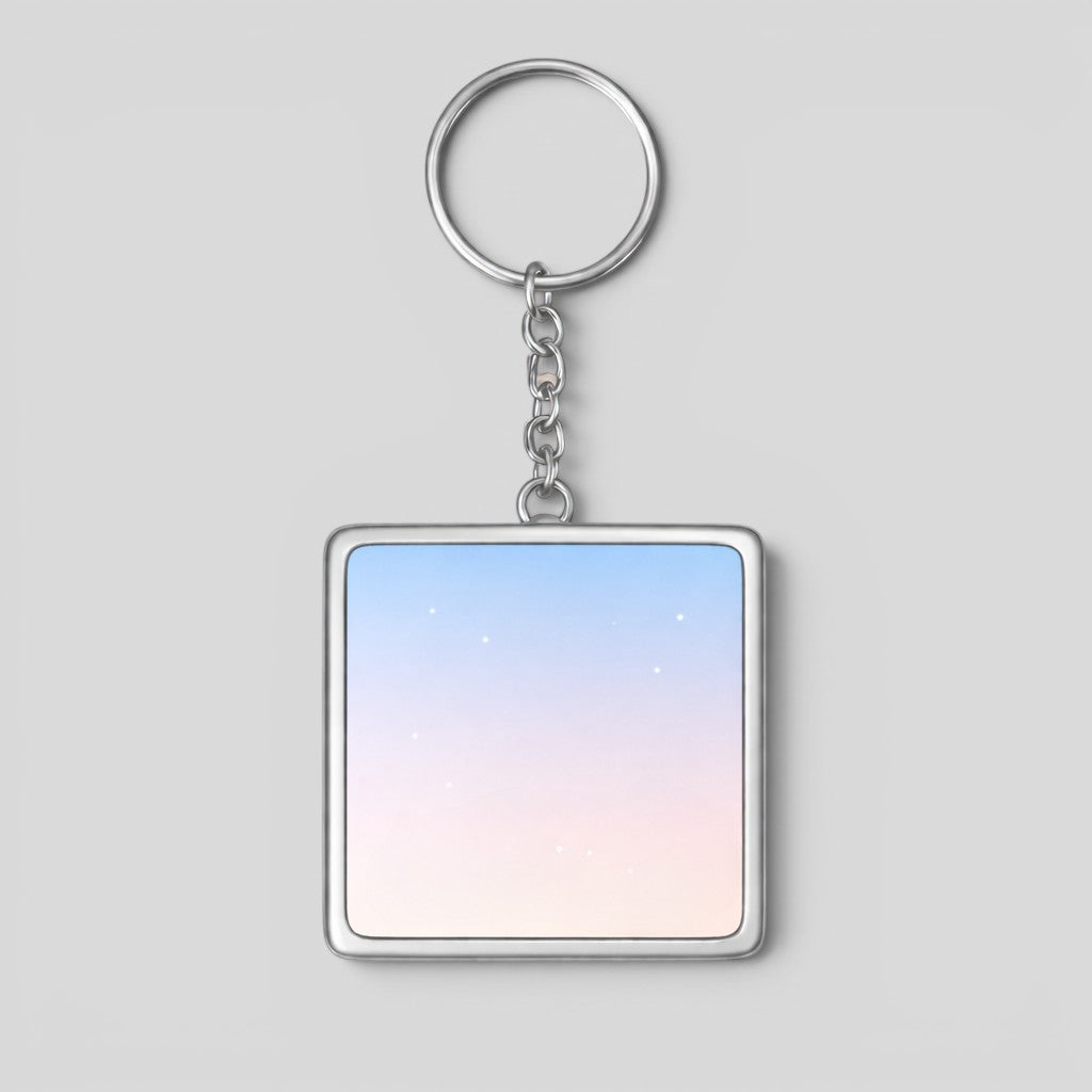 Stockka square acrylic keychain with silver metal frame and chain, featuring a gradient sky design with subtle stars.
