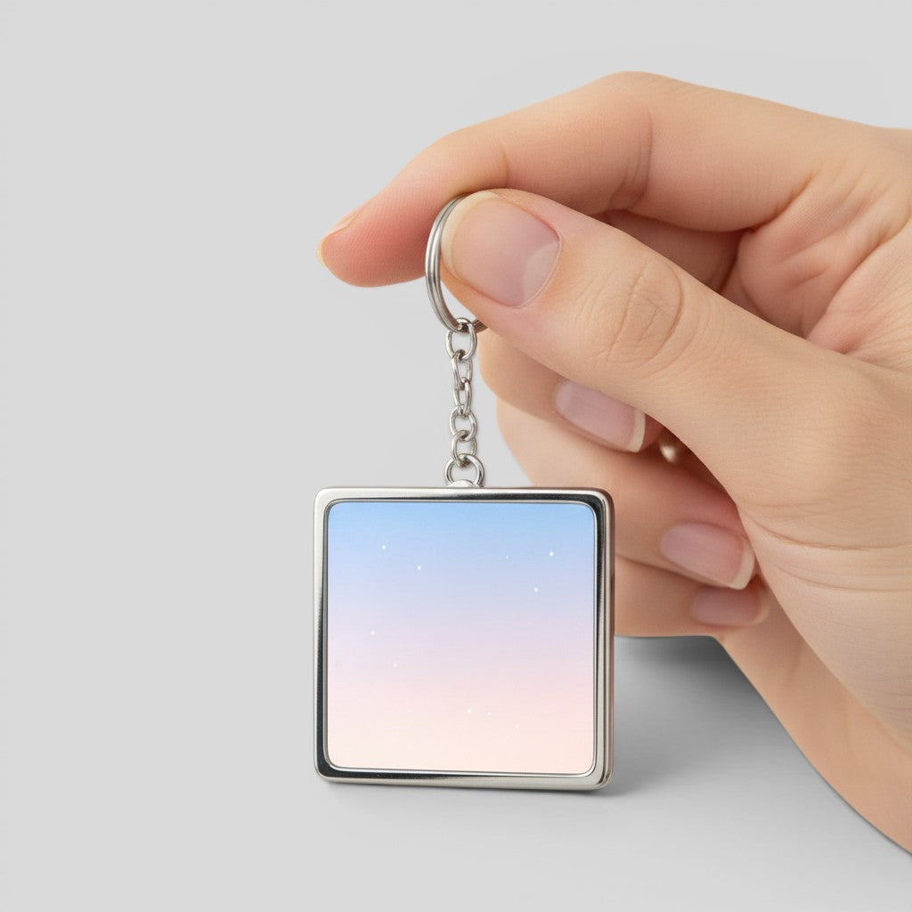 Stockka square acrylic keychain with silver metal chain, featuring a sky gradient of blue and pink with subtle white stars.
