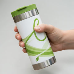Stockka stainless steel thermal mug with green lid and leaf design, perfect for hot drinks on the go.