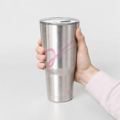 Stockka stainless steel tumbler with flat lid and pink ribbon design. Insulated for hot or cold drinks.