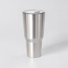 Stockka brushed stainless steel tumbler with flat lid, ideal for travel and office use.