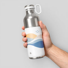 Stockka stainless steel water bottle with white handle and abstract wave design. Ideal for sports, work, or home.