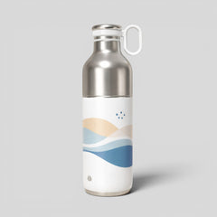Stockka brushed stainless steel water bottle with white handle and abstract wave design. Ideal for sports, work, or home.
