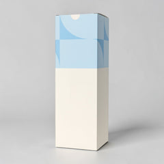 Stockka standing rectangular gift box with top closure, white with blue geometric pattern on top. Made of rigid cardboard with lamination.