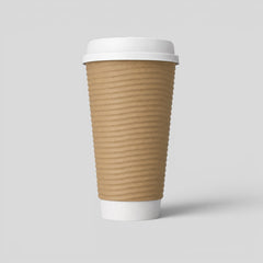 Stockka tall kraft paper cup with white lid and corrugated texture for hot drinks.