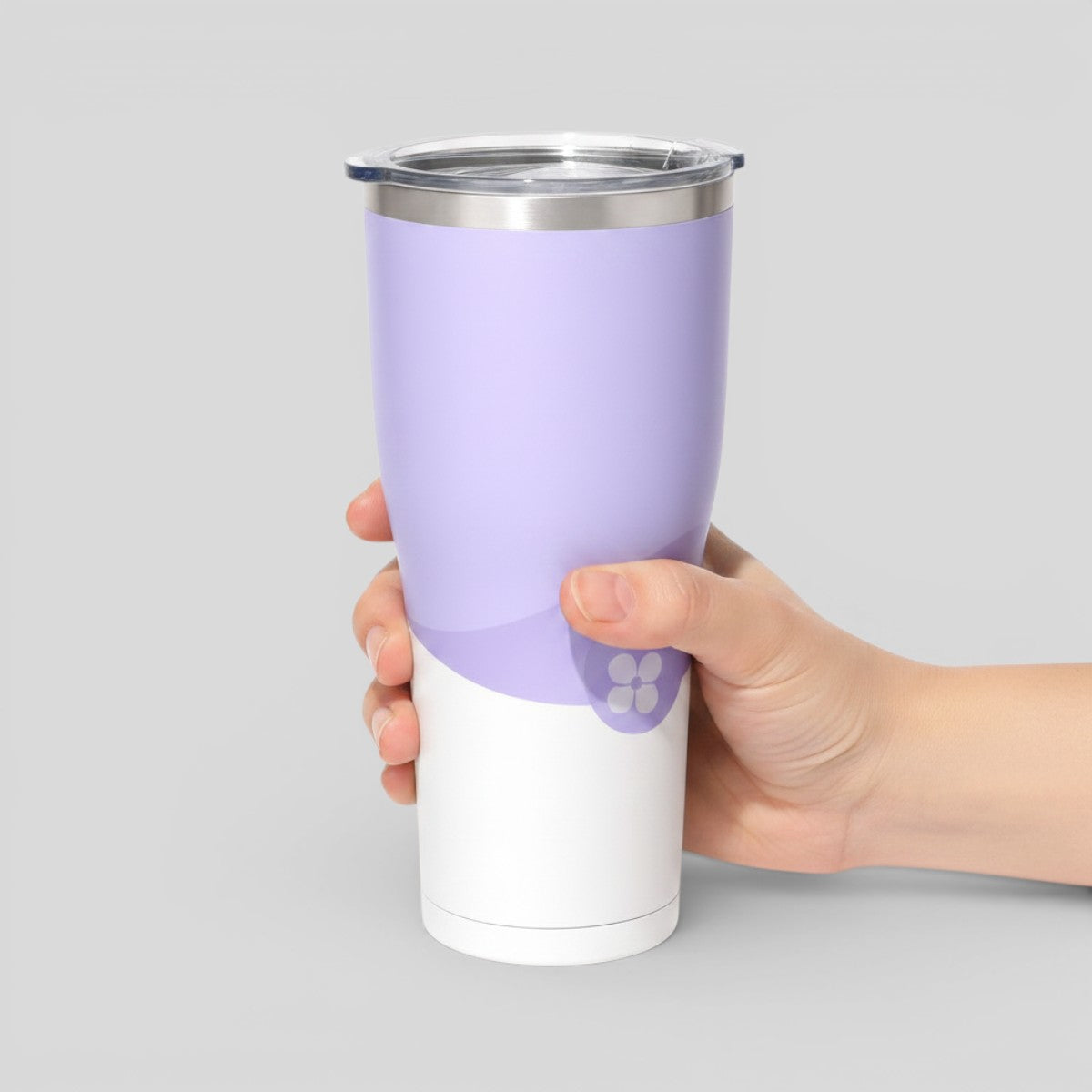 Stockka tall thermal tumbler with clear lid, dual-wall stainless steel, white and lavender design with floral logo.