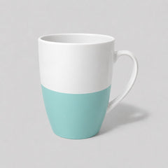 Stockka tall ceramic mug with a two-tone white and light blue design, 380ml capacity, tapered base.