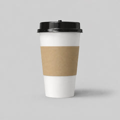 Stockka tall white paper coffee cup with black plastic lid and brown kraft paper sleeve