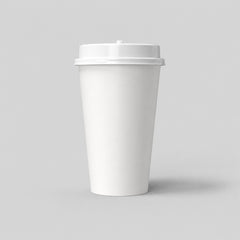 Stockka tall white paper cup with a brown kraft sleeve and a white plastic lid, ideal for hot beverages.