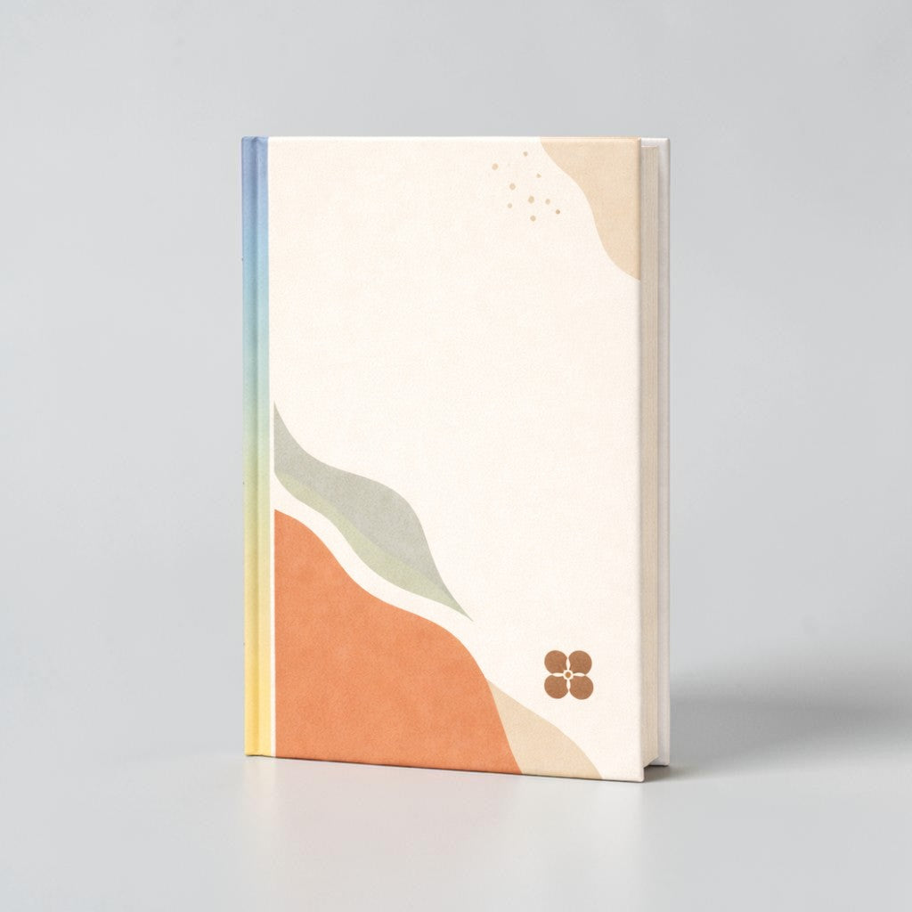 Stockka vertical hardback notebook with abstract pastel wave design and 220 lined pages.