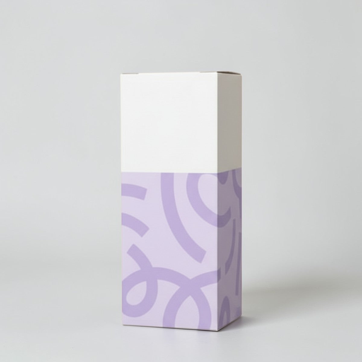 Stockka vertical wine gift box with top opening, white top and purple abstract pattern on coated cardboard.