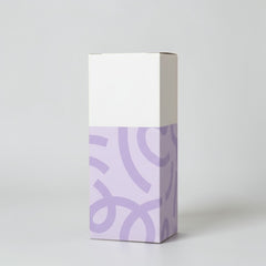 Stockka vertical wine gift box with top opening, white top and purple abstract pattern on coated cardboard.