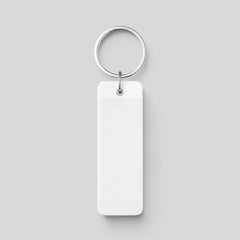 Stockka white rectangular acrylic keychain with metal ring, perfect for custom logos and branding.