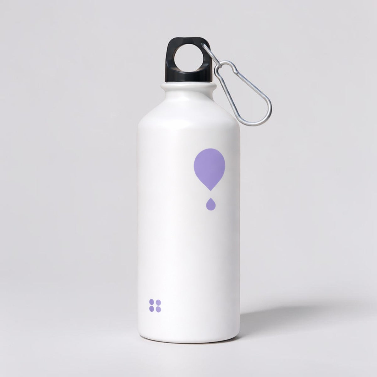 Stockka white aluminum water bottle with purple droplet logo and carabiner clip. Ideal for outdoor activities.