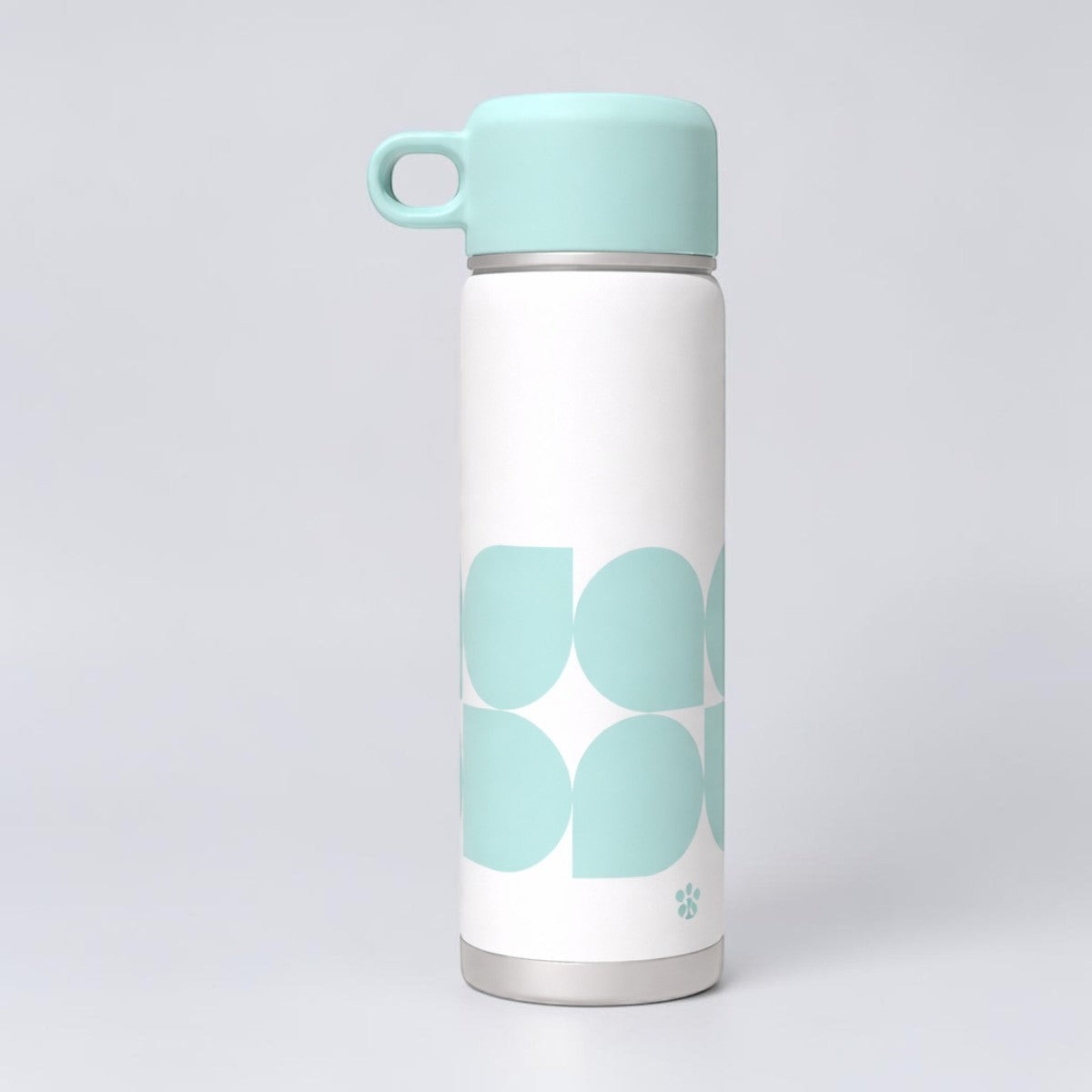 Stockka white stainless steel thermal bottle with aqua geometric pattern and carrying loop lid.
