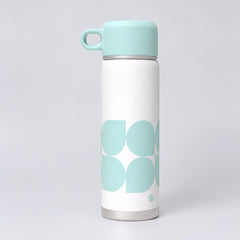 Stockka white stainless steel thermal bottle with aqua geometric pattern and carrying loop lid.