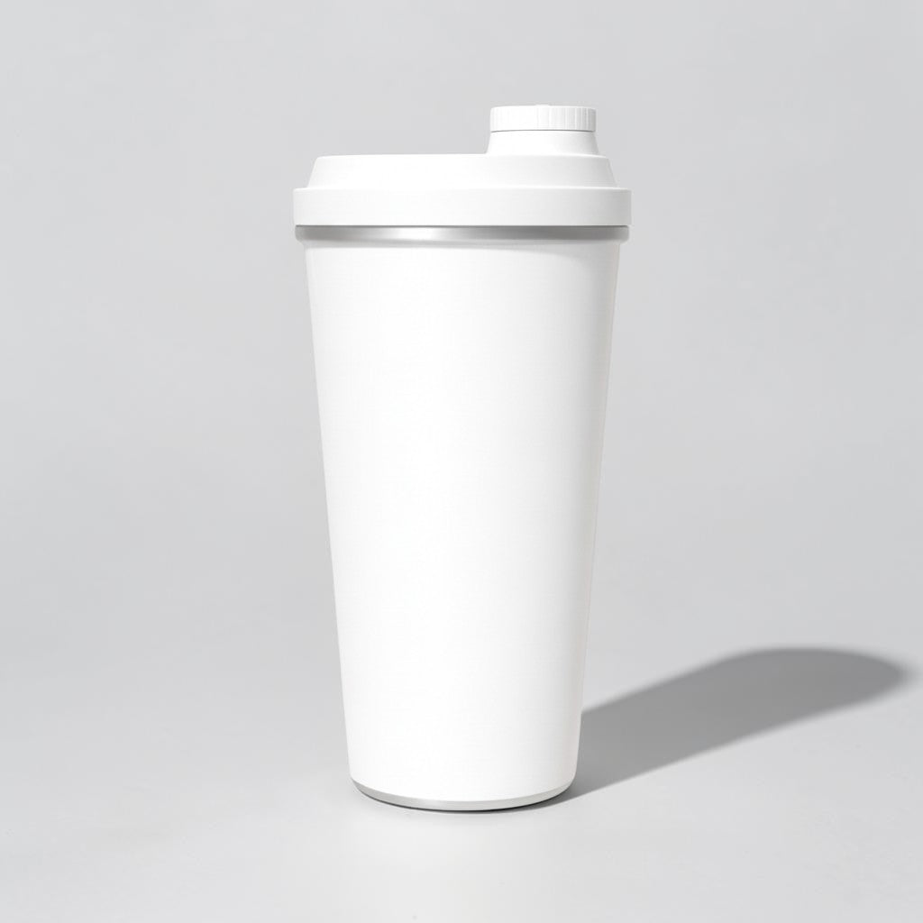 Stockka white stainless steel thermal mug with blue screw-on lid and drinking spout, double-walled for hot drinks.