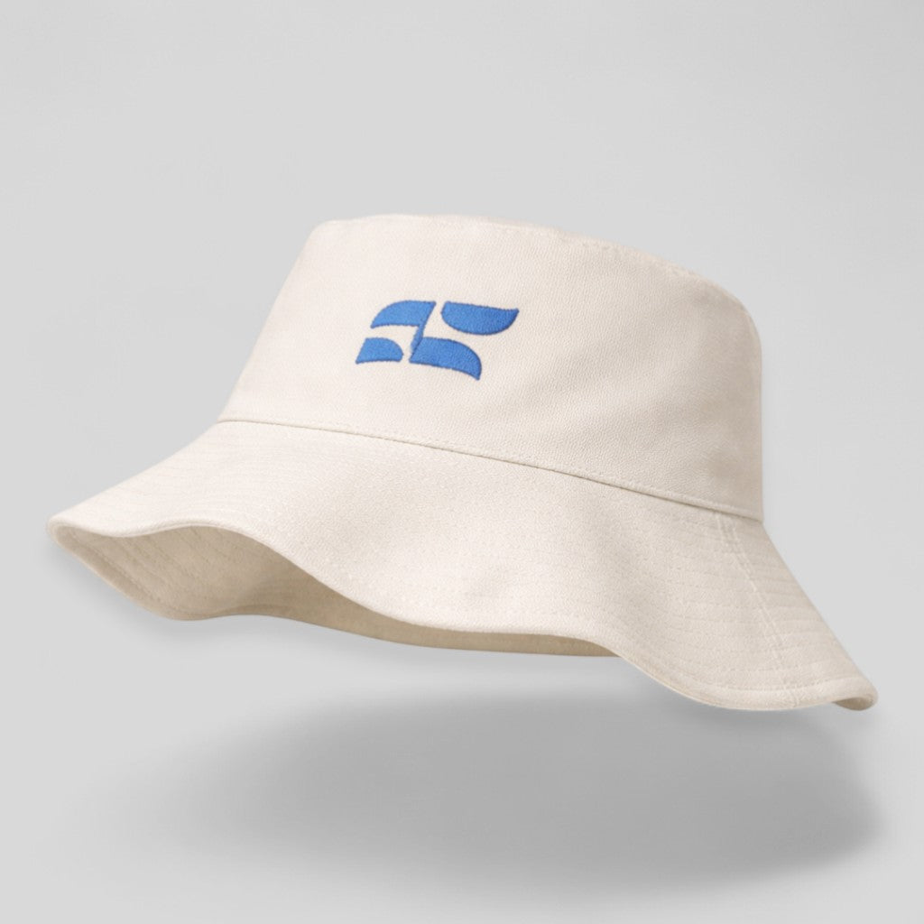 Stockka white cotton blend bucket hat with blue embroidered logo, ideal for beach, golf, and fishing.
