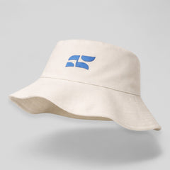 Stockka white cotton blend bucket hat with blue embroidered logo, ideal for beach, golf, and fishing.