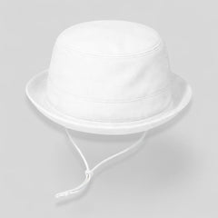 Stockka white canvas bucket hat with drawstring for sun protection during outdoor activities like beach, golf, and fishing.