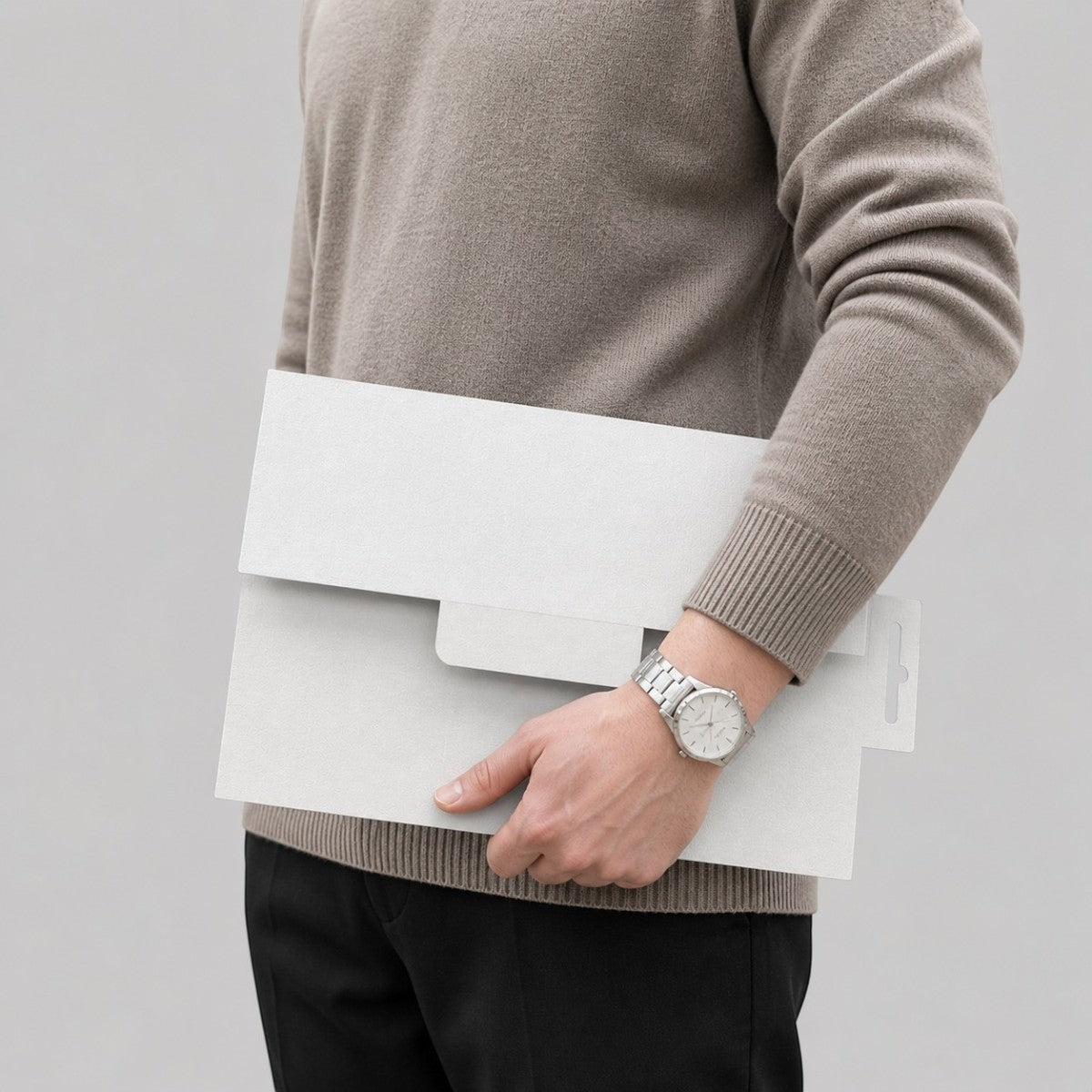 Stockka horizontal white cardboard envelope folder with closure tab and hanging tab, ideal for documents and marketing kits.