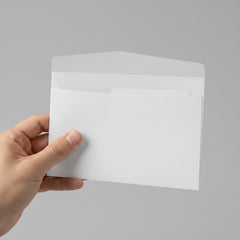 Stockka white matte coated cardboard envelope with top closure and internal handle, 350gsm.