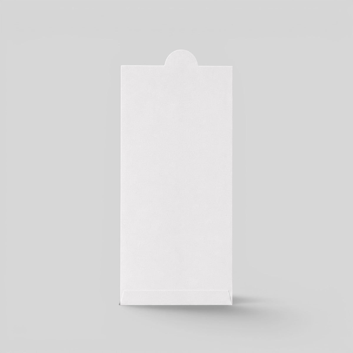 Stockka vertical white matte cardboard envelope with rounded tab closure for gift certificates, cards, or narrow documents.