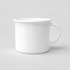 Stockka white ceramic camping-style mug with a wide rim and compact handle on a neutral background