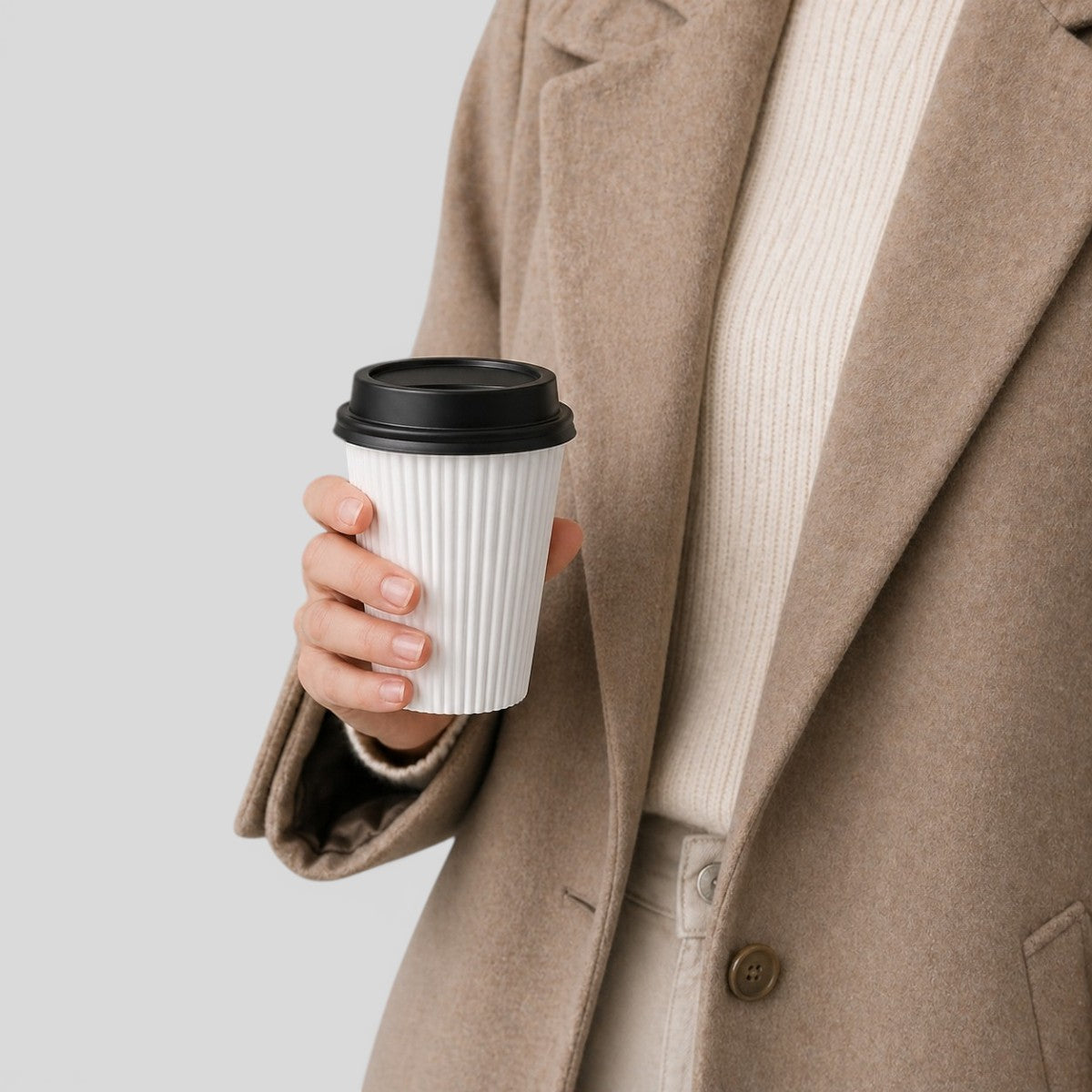Stockka white paper coffee cup with corrugated texture and black lid, held by a person wearing a beige coat.