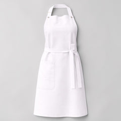 Stockka elegant full-length white cotton-polyester blend apron with adjustable neck strap and side pocket.