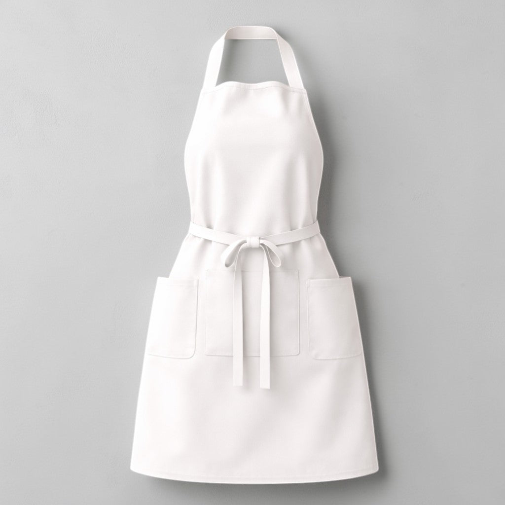 Stockka white full-length apron with two side pockets, adjustable neck strap, and waist tie. Made from a cotton-polyester blend.