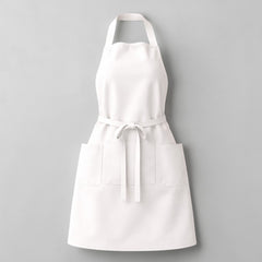 Stockka white full-length apron with two side pockets, adjustable neck strap, and waist tie. Made from a cotton-polyester blend.