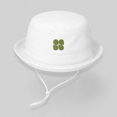 Stockka white cotton bucket hat with green clover logo and adjustable chin strap, ideal for outdoor activities.