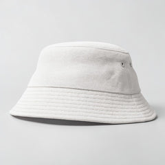 Stockka white cotton bucket hat with eyelets and a textured brim. Unisex design.